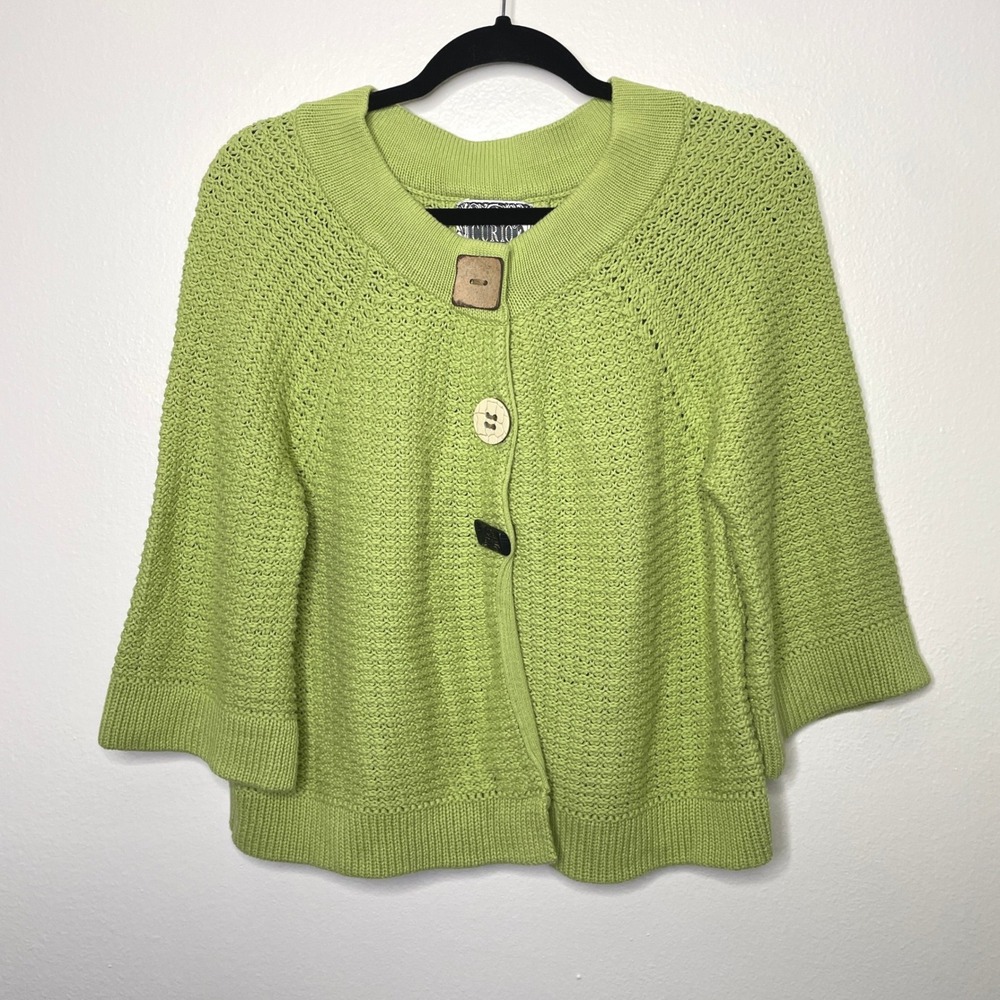 Curio Cardigan Lime Green Cotton Knit Art to Wear Chunky Button Sweater Sz L